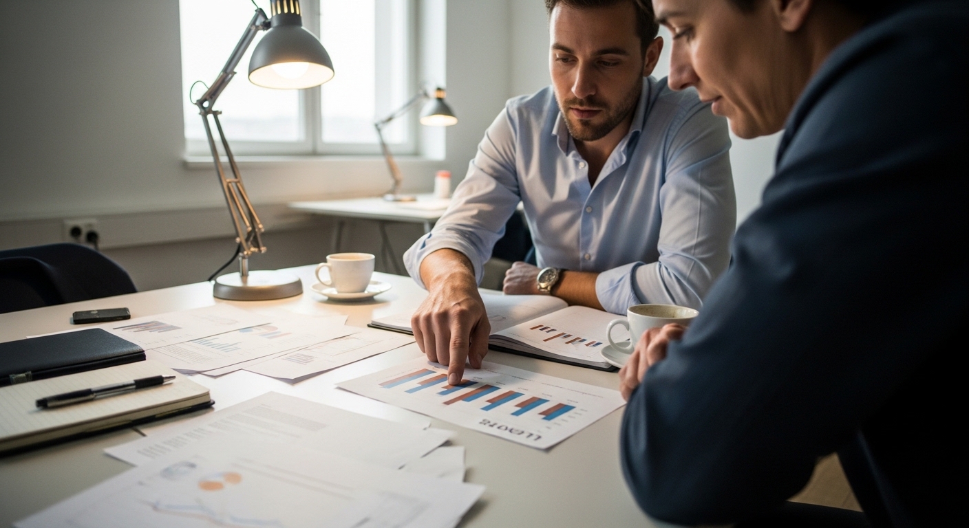 Gerente revisando reporte de tasa de conversión en reunión con marketing