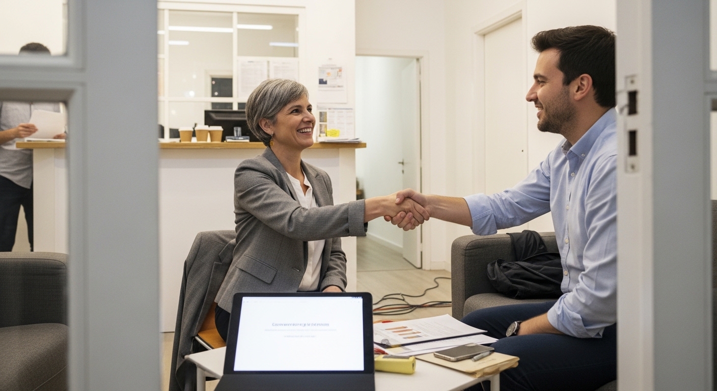 Reunion comercial B2B donde la credibilidad del dominio propio influye en la decision