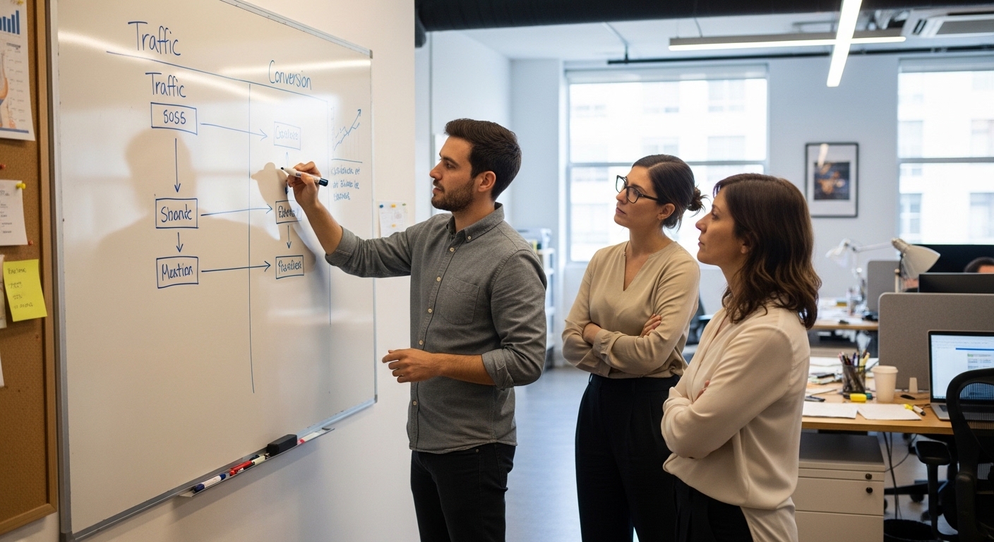 Equipo comparando inversión en tráfico versus optimizar tasa de conversión
