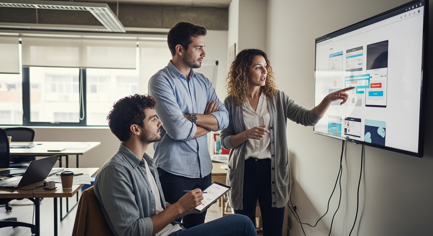 Equipo revisando landing page bien optimizada con llamada a la acción