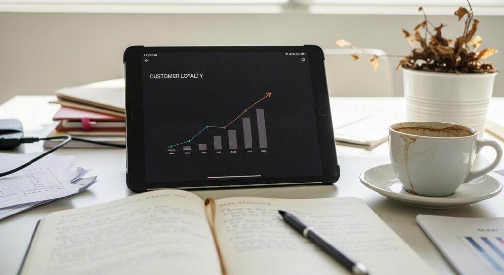 Estrategia de fidelización de clientes reflejada en curva de crecimiento en tablet de oficina