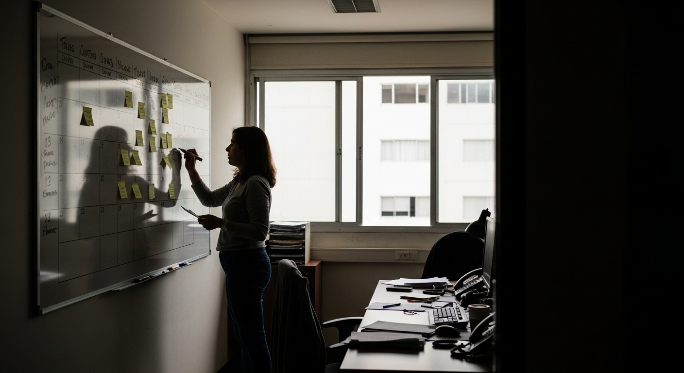 Community manager organizando calendario de contenido en oficina