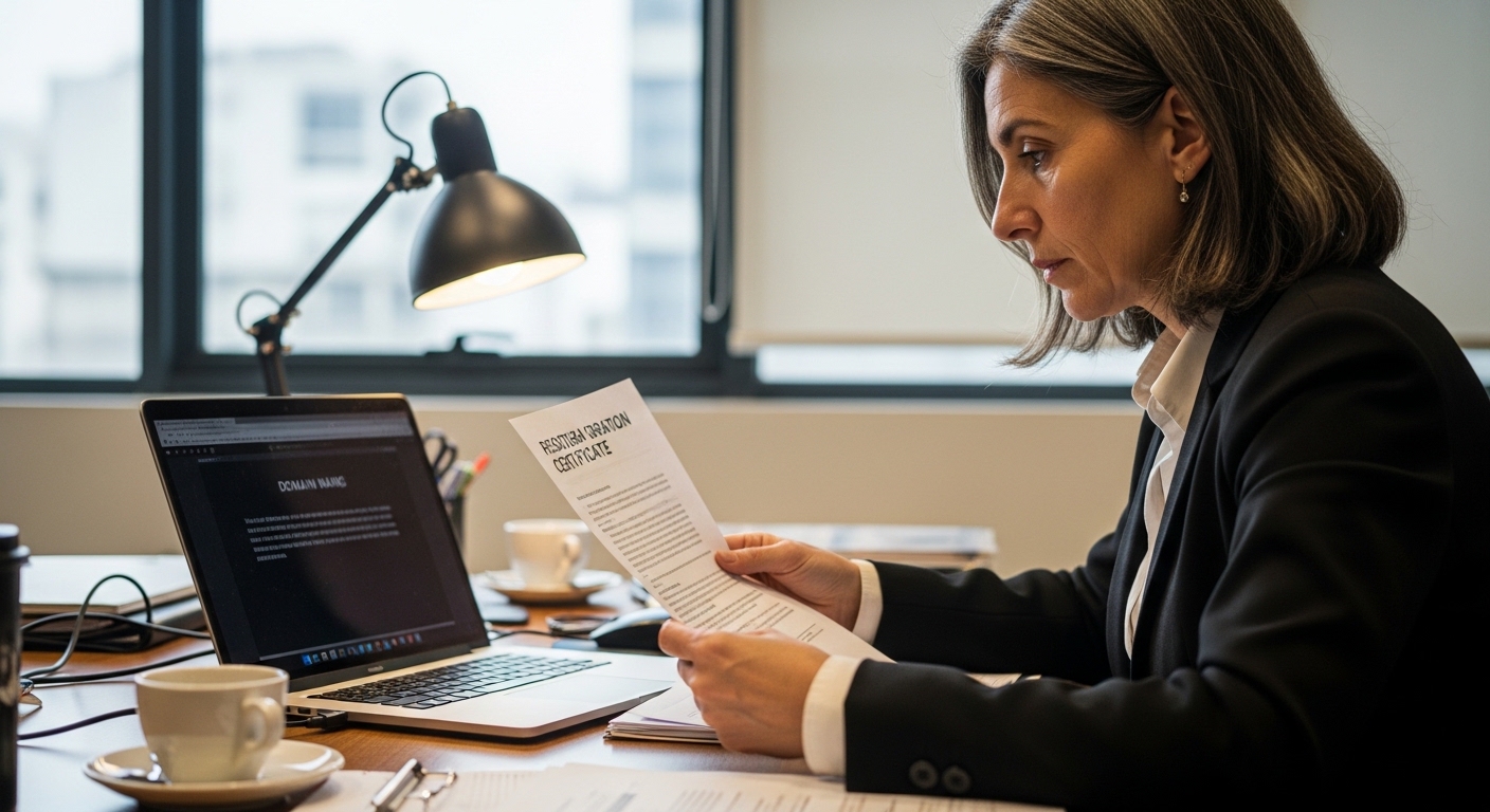 Abogado revisando riesgos legales al elegir nombre de dominio para una empresa