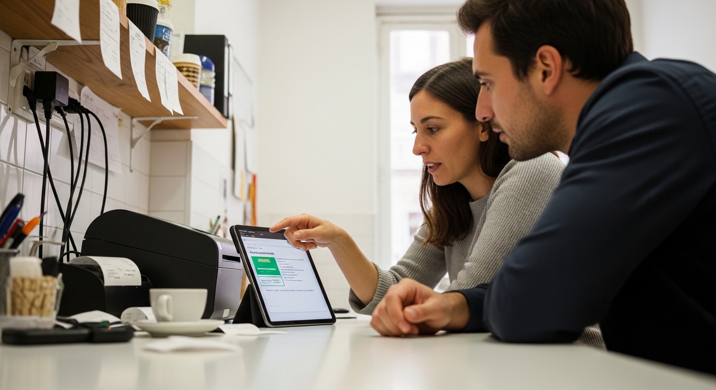 Dueño de restaurante evaluando programa de fidelización de clientes en tablet