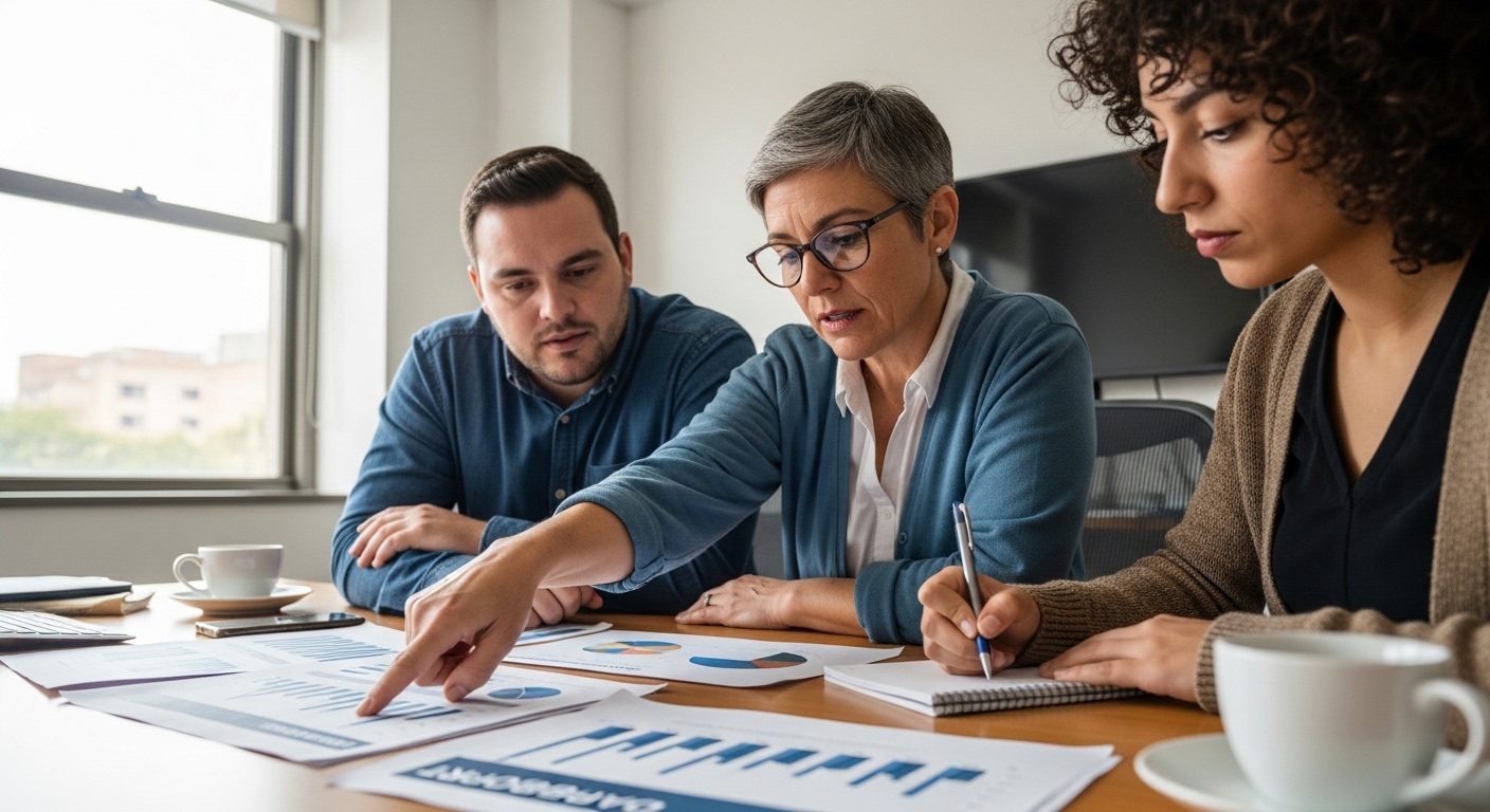 Equipo analizando KPIs y reportes de resultados de agencia de publicidad
