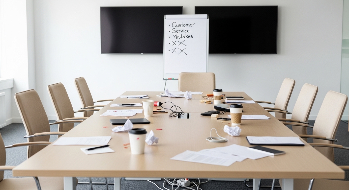 Sala de reuniones vacía tras sesión sobre errores comunes en fidelización de clientes